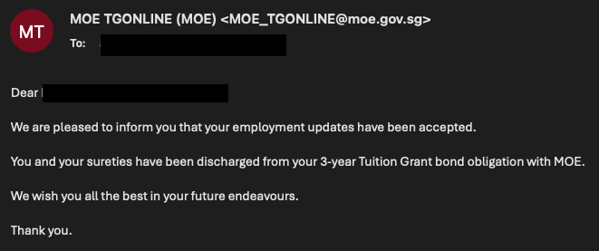 Discharge Email for Tuition Grant